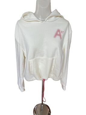 Aeropostale Cream Cropped drawstring Pullover Hoodie with Pink Logo size L
